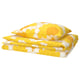 A yellow KRANSMALVA duvet cover set with sunflower designs in cotton and viscose, neatly folded.