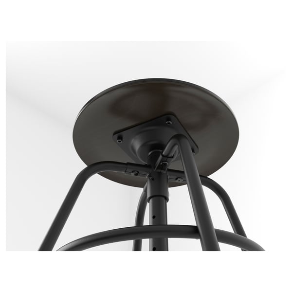 Black round stool with metal base and footrest. Adjustable height with sturdy construction.