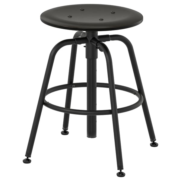 KULLABERG adjustable black stool with round seat and metal footrest.