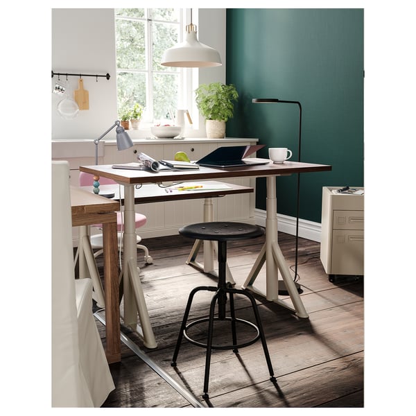 Modern home office with KULLABERG stool, black metal and birch wood, adjustable height.
