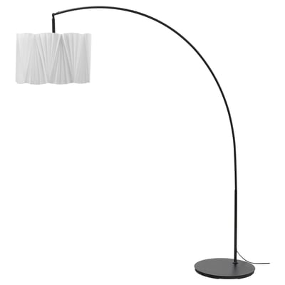 KUNGSHULT lamp: curved black metal base, white pleated shade, floor-standing.