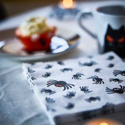 KUSTFYR Paper napkin, spider pattern white/black, 33x33 cm