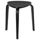 Option: A black KYRRE stool with a triangular seat and three bent legs made of veneer and wood, designed to be stackable and stable.