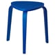 Option: A blue KYRRE stool with a triangular seat and three curved legs made of birch veneer.