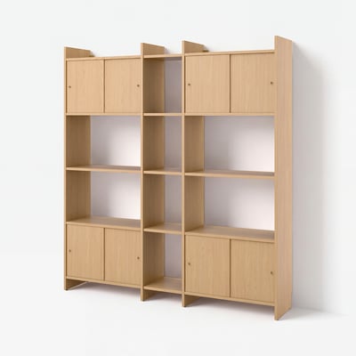 LÅDMAKARE Storage combination w sliding doors, with 7 shelves/oak effect, 198x35x212 cm