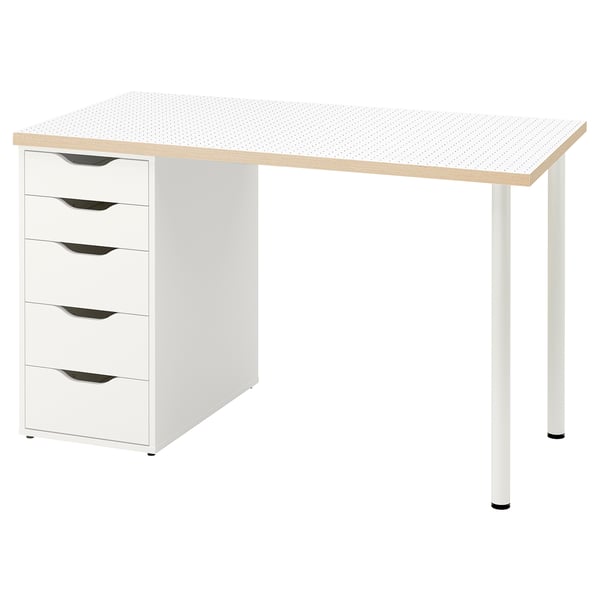 White ikea LAGKAPTEN desk with light wood top and 5 drawers.