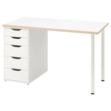 White ikea LAGKAPTEN desk with light wood top and 5 drawers.