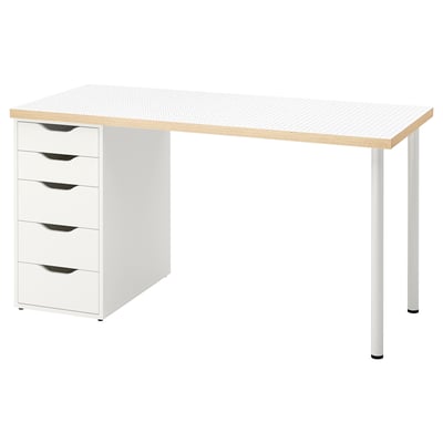 Modern white desk with five drawers and wood grain top.