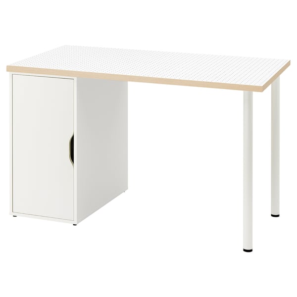 An ikea LAGKAPTEN white desk with a light wood top, featuring a cabinet with a single black handle.