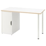 An ikea LAGKAPTEN white desk with a light wood top, featuring a cabinet with a single black handle.