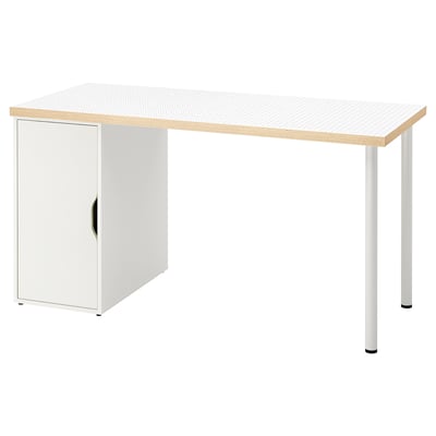 A white LAGKAPTEN desk with a cabinet, metal legs, and a speckled top.