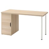 The LAGKAPTEN desk in light oak has one cabinet door. Its white with wooden desk top, rectangular, minimalist design.