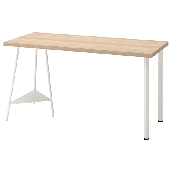 LAGKAPTEN desk: light wood top, white metal legs, rectangular shape, minimalist design.