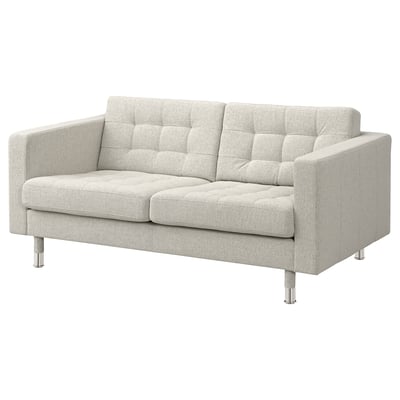 Light grey LANDSKRONA sofa, modern with chrome legs, plush cushions, neat design.