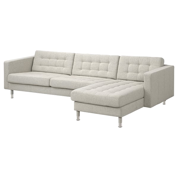 A modern, light gray l-shaped LANDSKRONA sofa with metal legs, featuring a neat and stylish design for comfort and functionality.