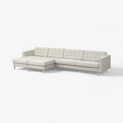 A grey, modern l-shaped landskröna sofa with chrome legs and removable armrests. It has a neat, stylish design with comfortable cushions.