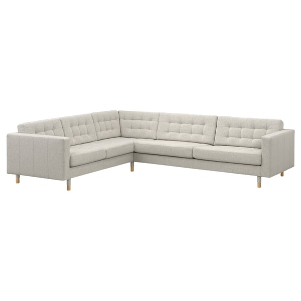Light grey corner sofa, modern design with tufted cushions, wooden legs, and removable armrests.