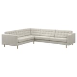 Light grey corner sofa, modern design with tufted cushions, wooden legs, and removable armrests.