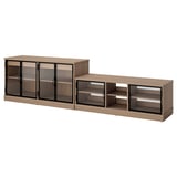 Modern wooden tv unit, light oak color, with glass doors and open compartments.