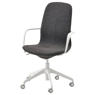 Black LÅNGFJÄLL office chair with white arms, five-star base, and wheels. Modern design with a high back and adjustable height.