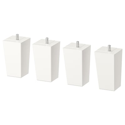 Four white square furniture legs with metal adjusters, evenly spaced, plain design.