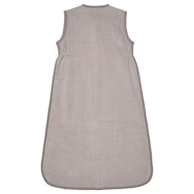 Light pink baby sleep bag with gray trim, sleeveless, zipper front, soft velour and cotton.