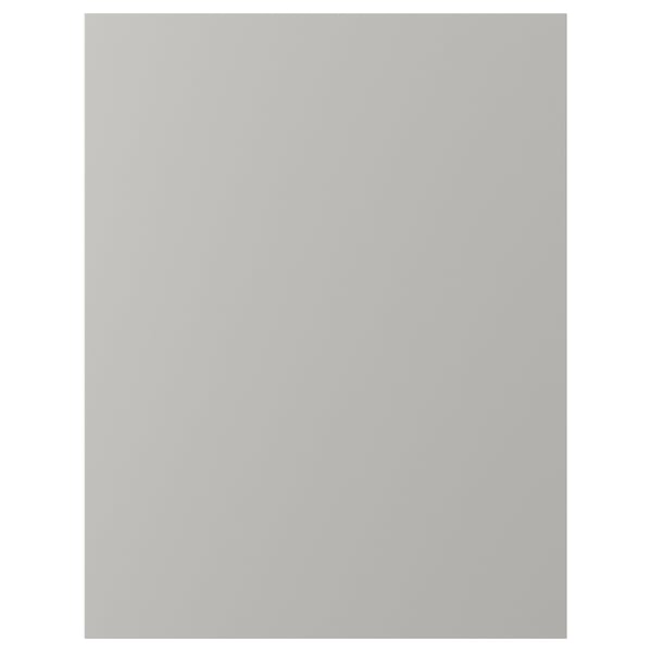 Grey kitchen cabinet with beveled edges.