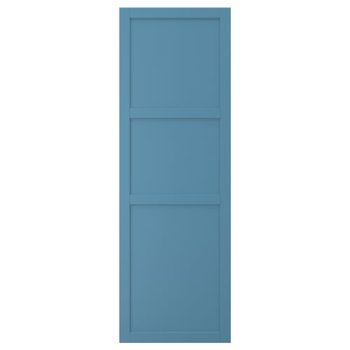A blue LERHYTTAN door featuring a traditional solid wood frame with bevelled edges and an inset veneer panel.