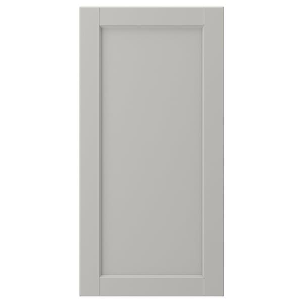 LERHYTTAN light grey kitchen cabinet door, solid wood frame with beveled edges and inset panel.
