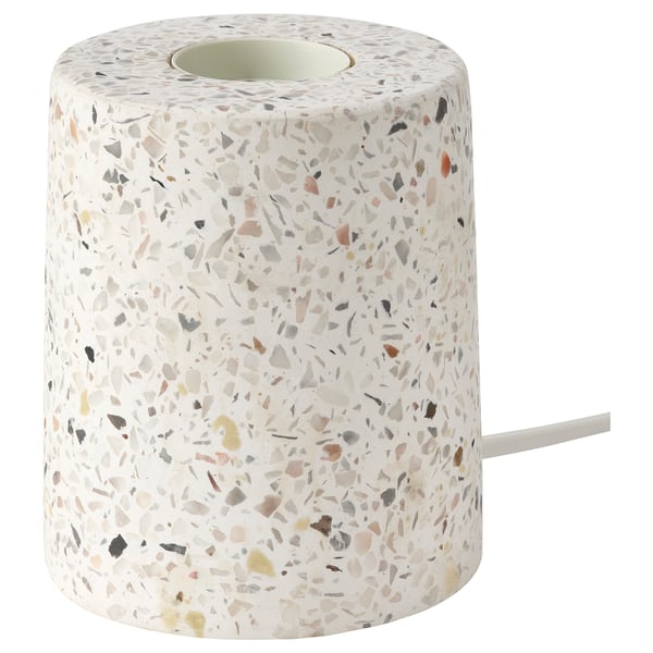 LERSKIFFER: white terrazzo-patterned concrete lamp base with small round shape, for mood lighting.