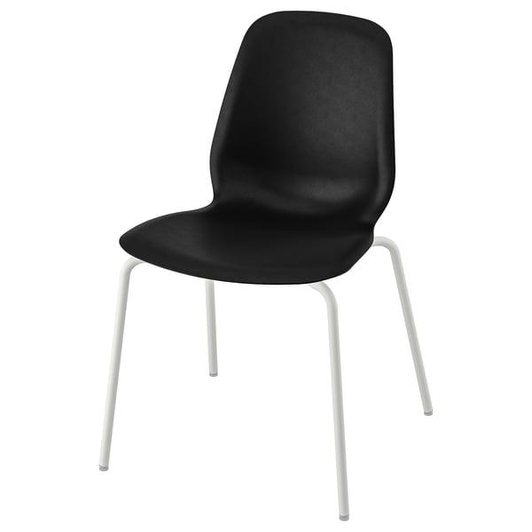 Black LIDÅS chair, sleek modern design, reinforced plastic seat, white metal legs, stackable.
