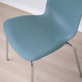 Light blue modern plastic chair with curved seat and metal legs on a light wooden floor.