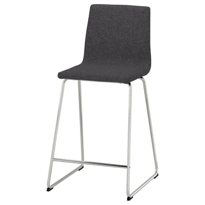 Modern grey LILLÅNÄS bar stool with cushioned seat, chrome legs, sleek design, backrest, and footrest. 148 characters