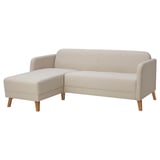 LINANÄS light beige fabric sofa with chaise, modern minimalist design, durable polyester cover, soft rounded edges.