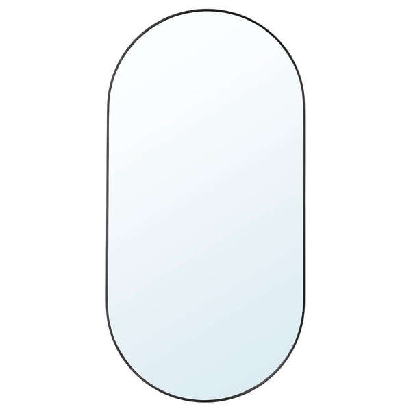 LINDBYN oval mirror, black frame, soft rounded edges, reflective glass center.