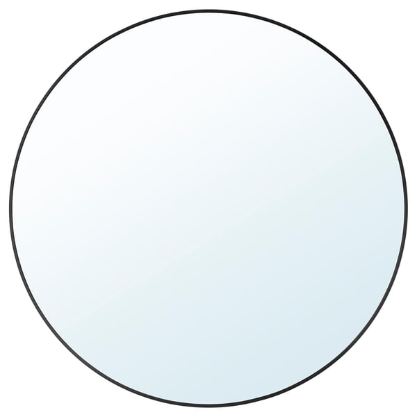 A round mirror with black frame, elegant design, suitable for bathroom or living room.