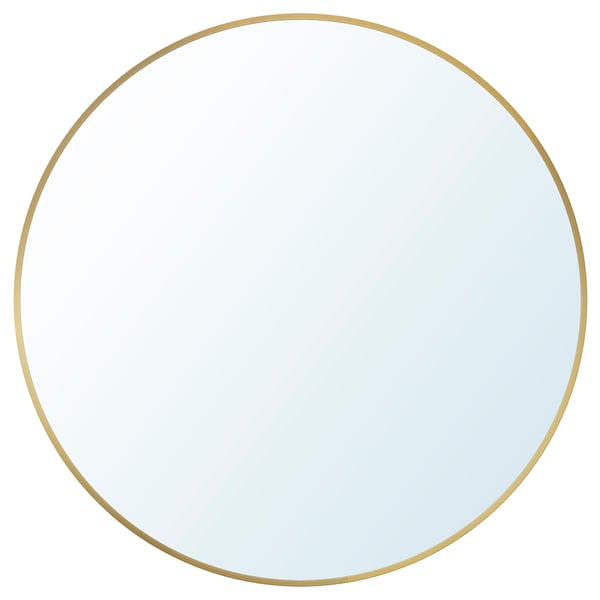 Round gold-framed mirror with a sleek, elegant design.