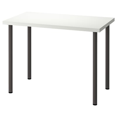 Is of a white LINNMON table with black metal legs. It is rectangular with a sleek design, suitable for various settings like offices or homes.
