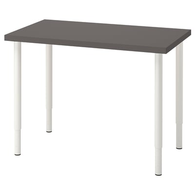 LINNMON desk, grey top white legs, adjustable height, minimalist design.