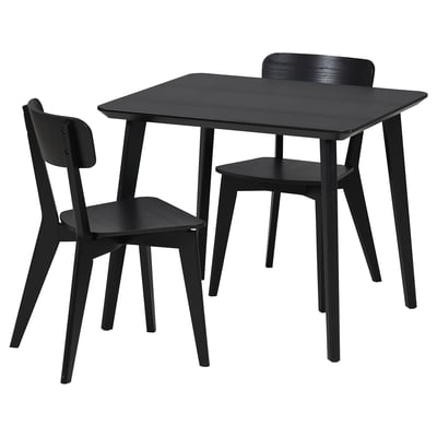 Black LISABO dining set with rectangular table and 2 chairs, minimalist design with solid wood legs and stylish backrest.