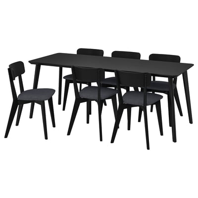 Black LISABO dining set with rectangular table and six padded chairs. Modern minimalist design, combining ash veneer and solid birch wood.