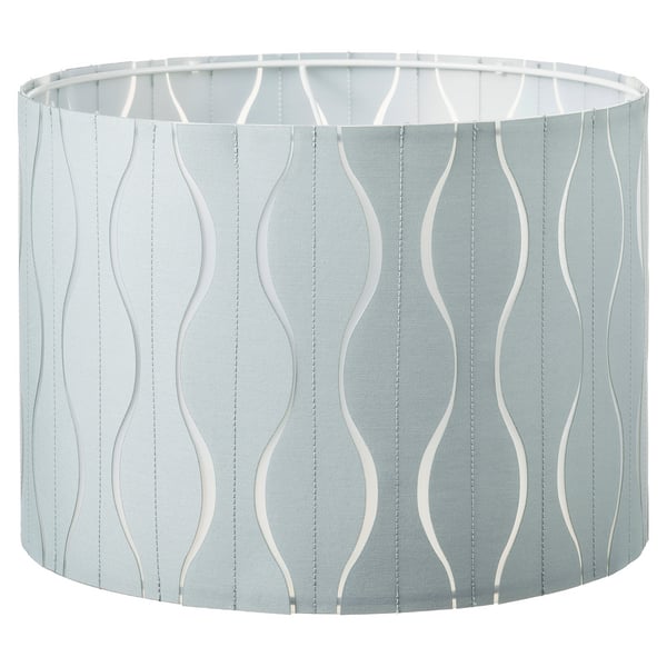 LÖKNÄS lamp shade, light gray with wavy white design. Round cylinder shape, textured fabric.