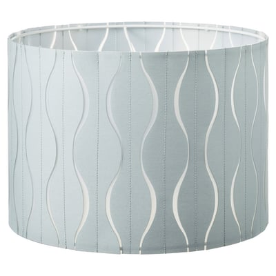 LÖKNÄS lamp shade, light gray with wavy white design. Round cylinder shape, textured fabric.