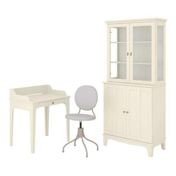 Office set: white wooden desk, chair, and cabinet with glass doors.