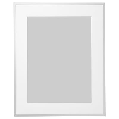 Square picture frame, silver, thin metal edge, light plastic cover.