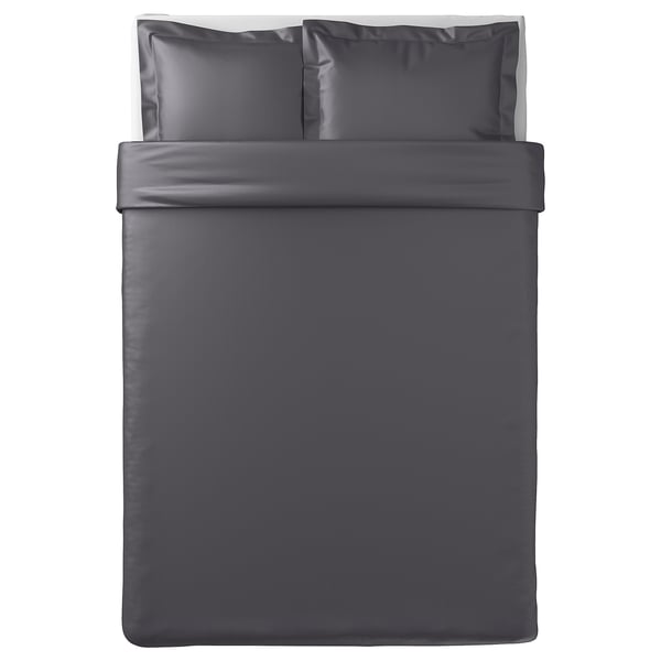 Dark gray LUKTJASMIN duvet cover, silky, rectangular with button closure.