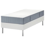 Modern white bed frame with blue-gray mattress, sleek design, stainless legs.