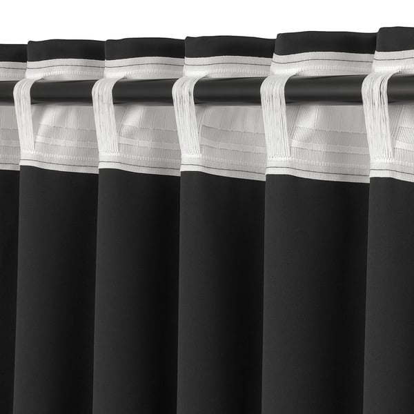 Blackout curtains with white tabs for curtain rod, creating pleats for full coverage and privacy.