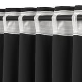 Blackout curtains with white tabs for curtain rod, creating pleats for full coverage and privacy.