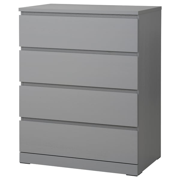 MALM four-drawer chest in grey wood grain.
